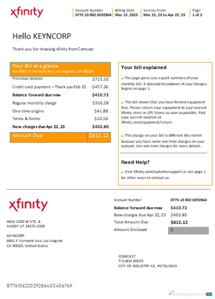 Download San Francisco Xfinity Comcast utility business bill SCR page 1 Photoshop template